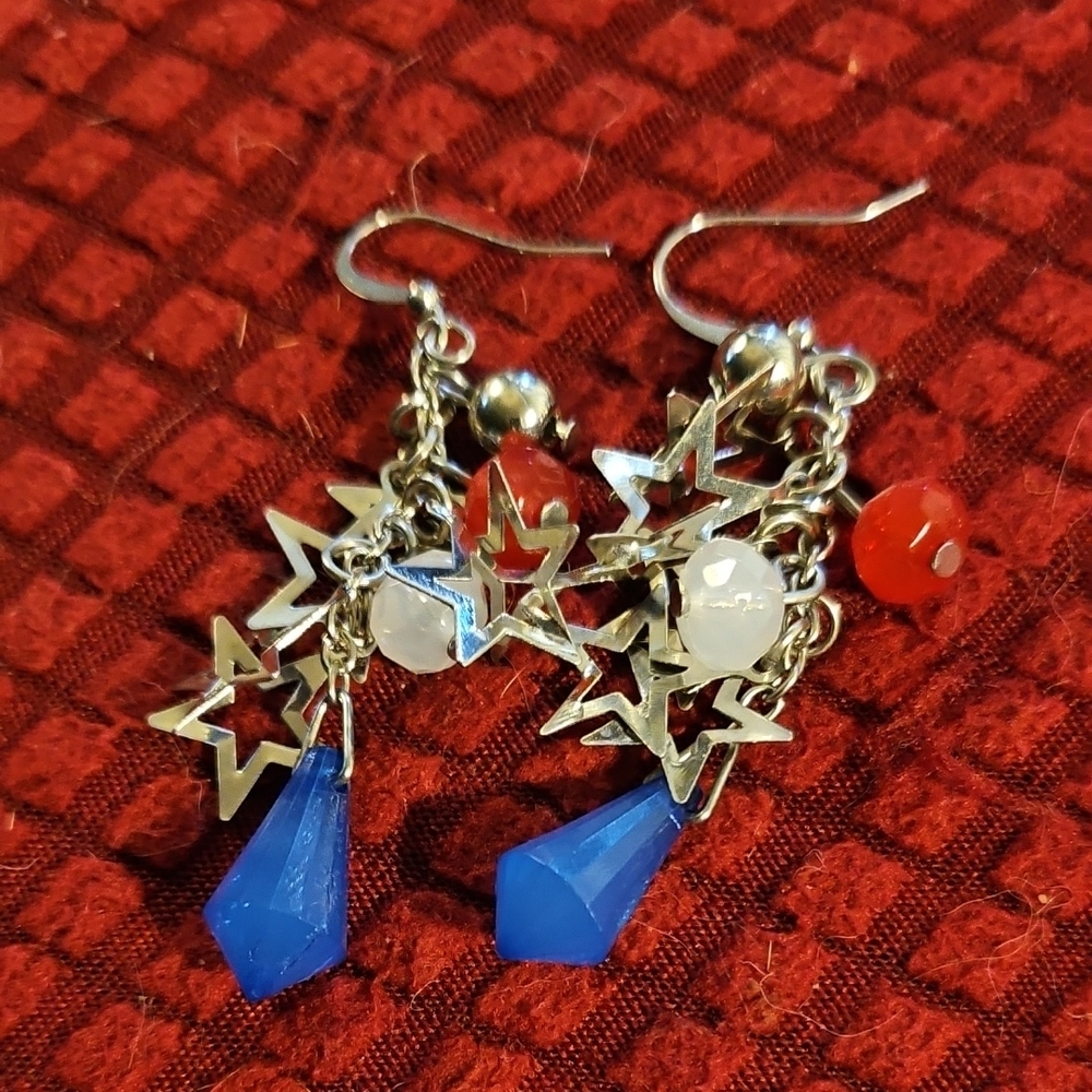 Silver Star Dangle Earrings with Blue and Red Accents